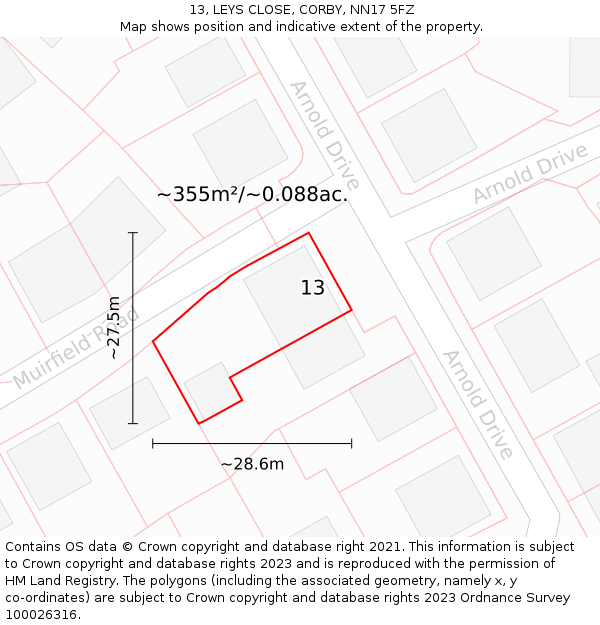 13, LEYS CLOSE, CORBY, NN17 5FZ: Plot and title map
