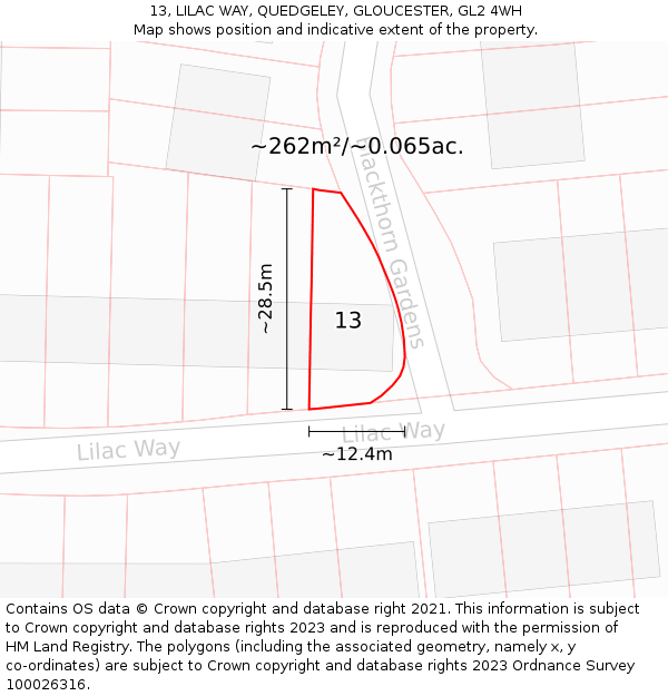 13, LILAC WAY, QUEDGELEY, GLOUCESTER, GL2 4WH: Plot and title map