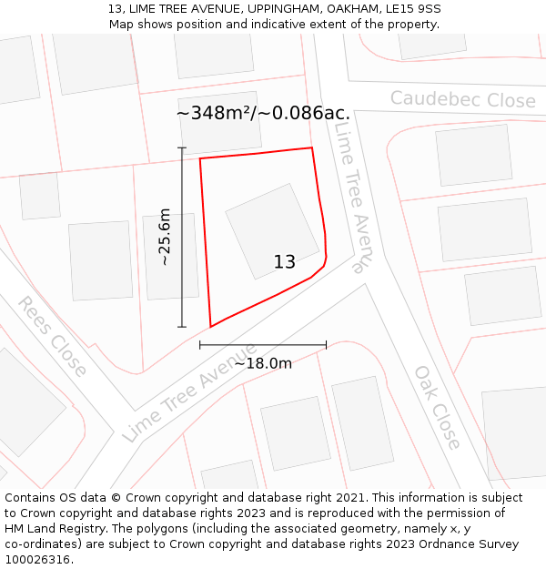 13, LIME TREE AVENUE, UPPINGHAM, OAKHAM, LE15 9SS: Plot and title map