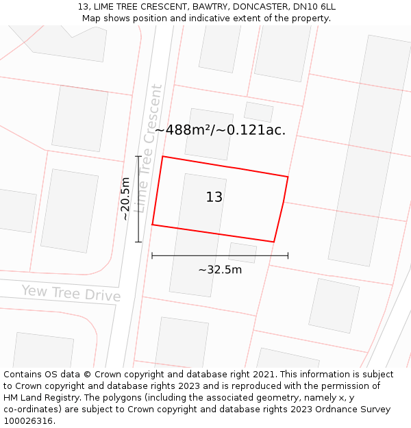 13, LIME TREE CRESCENT, BAWTRY, DONCASTER, DN10 6LL: Plot and title map