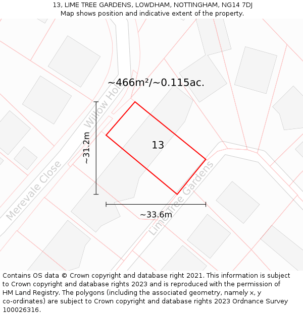 13, LIME TREE GARDENS, LOWDHAM, NOTTINGHAM, NG14 7DJ: Plot and title map