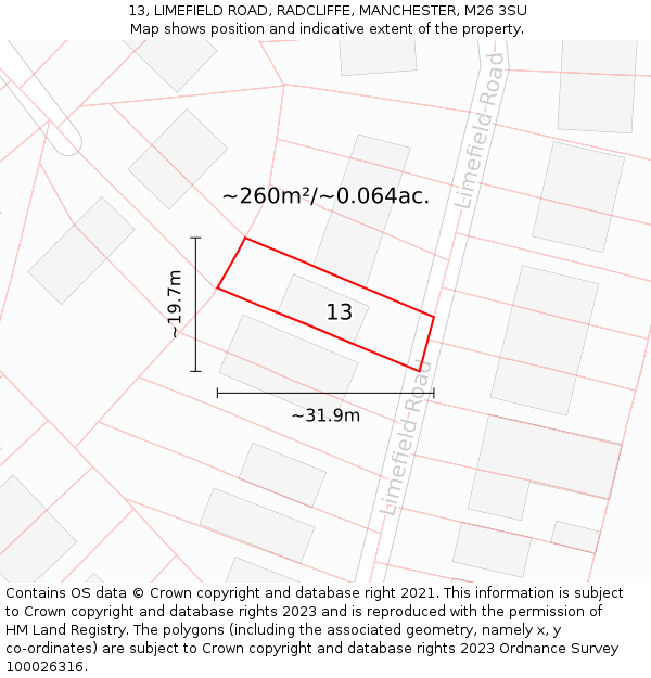 13, LIMEFIELD ROAD, RADCLIFFE, MANCHESTER, M26 3SU: Plot and title map