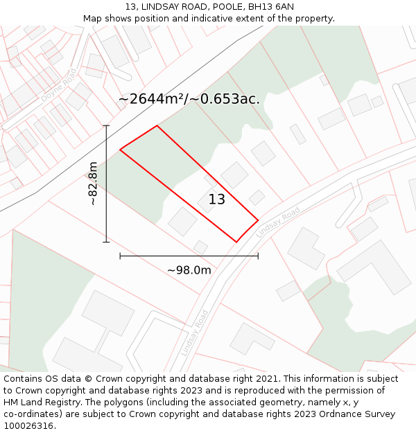 13, LINDSAY ROAD, POOLE, BH13 6AN: Plot and title map