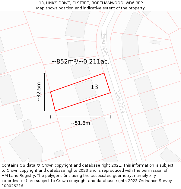 13, LINKS DRIVE, ELSTREE, BOREHAMWOOD, WD6 3PP: Plot and title map