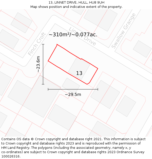 13, LINNET DRIVE, HULL, HU8 9UH: Plot and title map
