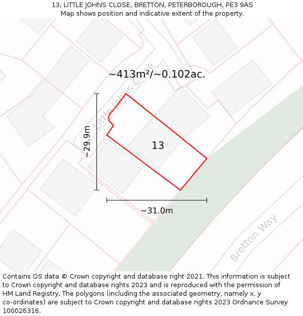 13, LITTLE JOHNS CLOSE, BRETTON, PETERBOROUGH, PE3 9AS: Plot and title map