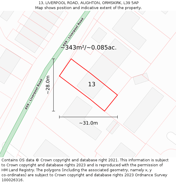 13, LIVERPOOL ROAD, AUGHTON, ORMSKIRK, L39 5AP: Plot and title map