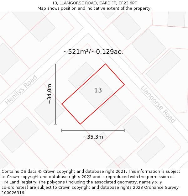 13, LLANGORSE ROAD, CARDIFF, CF23 6PF: Plot and title map