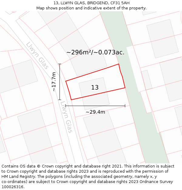 13, LLWYN GLAS, BRIDGEND, CF31 5AH: Plot and title map
