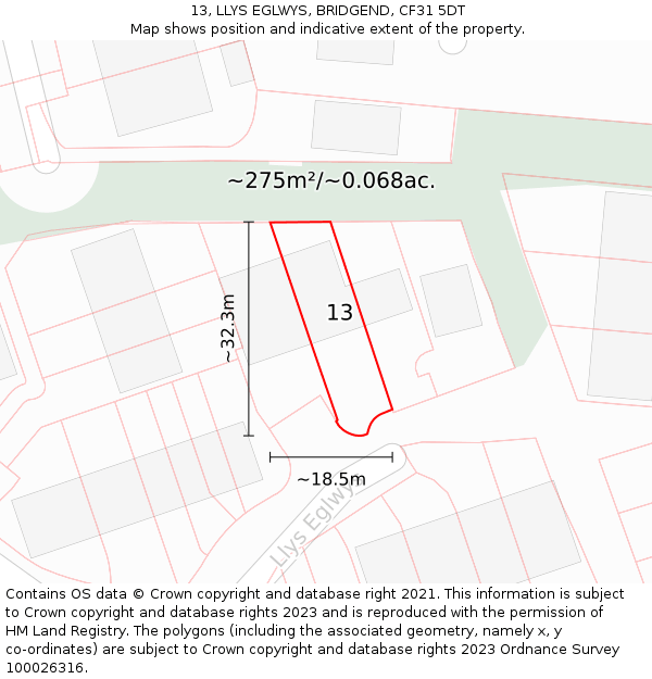 13, LLYS EGLWYS, BRIDGEND, CF31 5DT: Plot and title map