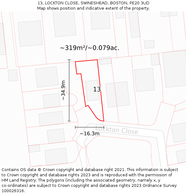 13, LOCKTON CLOSE, SWINESHEAD, BOSTON, PE20 3UD: Plot and title map