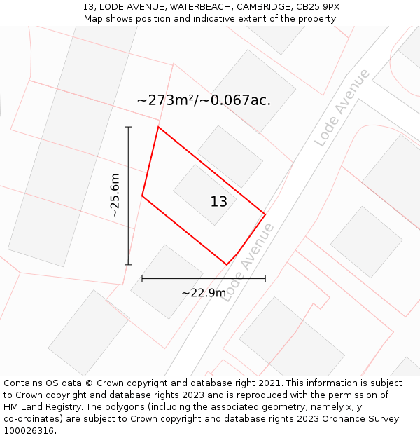 13, LODE AVENUE, WATERBEACH, CAMBRIDGE, CB25 9PX: Plot and title map