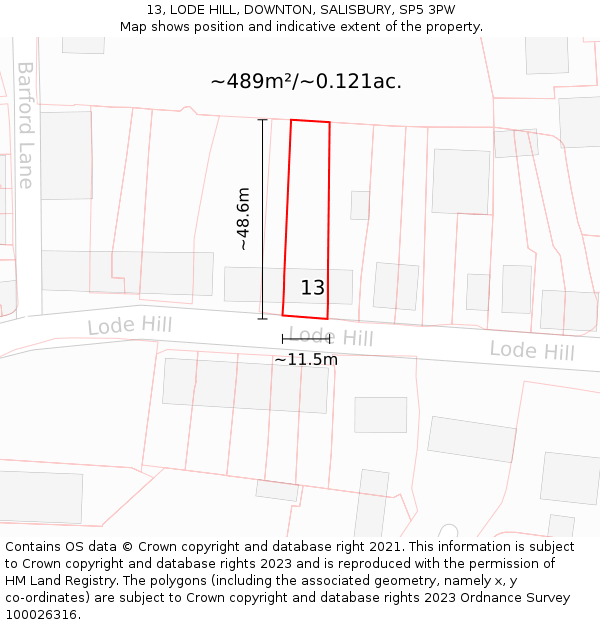 13, LODE HILL, DOWNTON, SALISBURY, SP5 3PW: Plot and title map