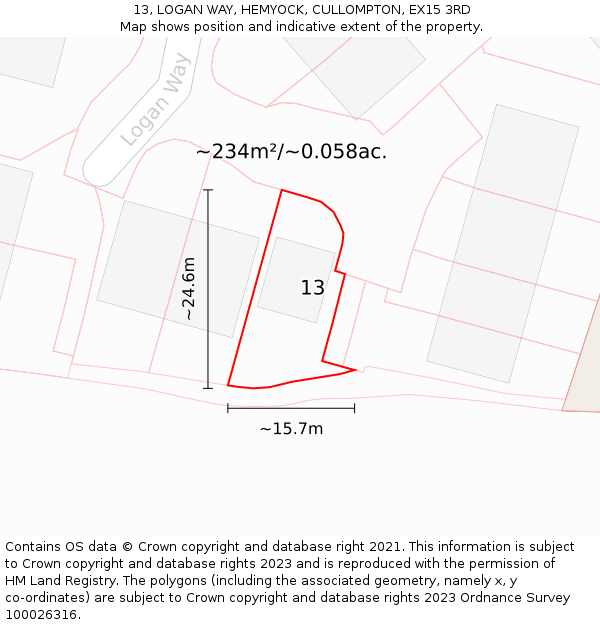 13, LOGAN WAY, HEMYOCK, CULLOMPTON, EX15 3RD: Plot and title map