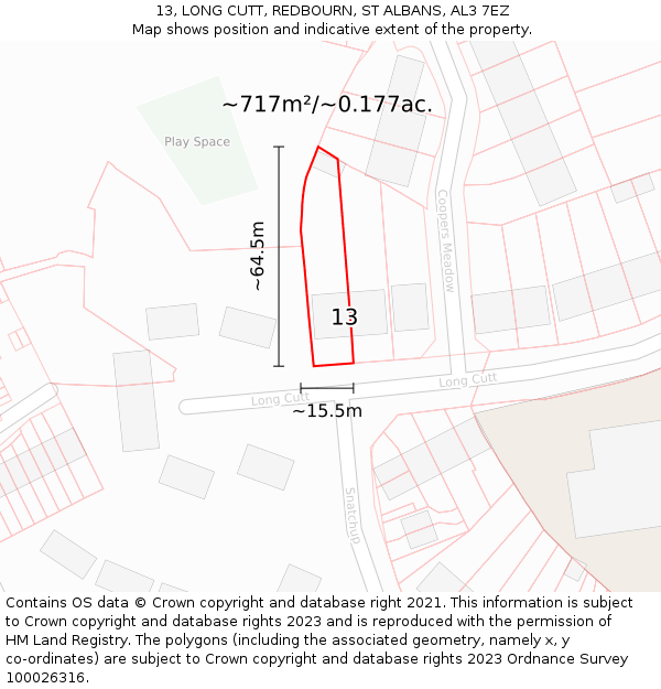 13, LONG CUTT, REDBOURN, ST ALBANS, AL3 7EZ: Plot and title map