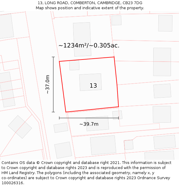 13, LONG ROAD, COMBERTON, CAMBRIDGE, CB23 7DG: Plot and title map