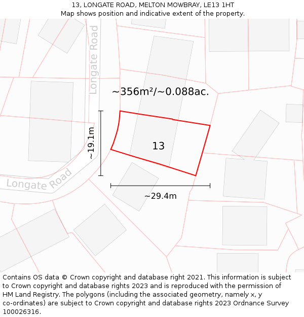13, LONGATE ROAD, MELTON MOWBRAY, LE13 1HT: Plot and title map