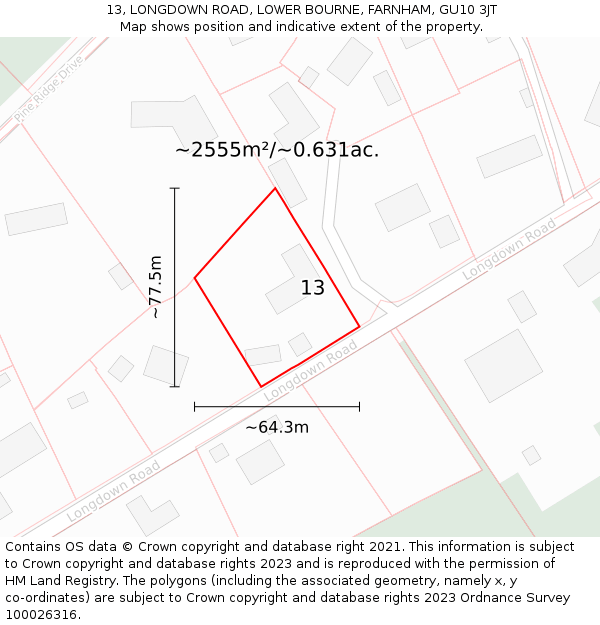 13, LONGDOWN ROAD, LOWER BOURNE, FARNHAM, GU10 3JT: Plot and title map