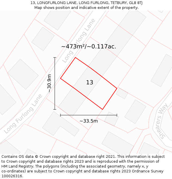 13, LONGFURLONG LANE, LONG FURLONG, TETBURY, GL8 8TJ: Plot and title map