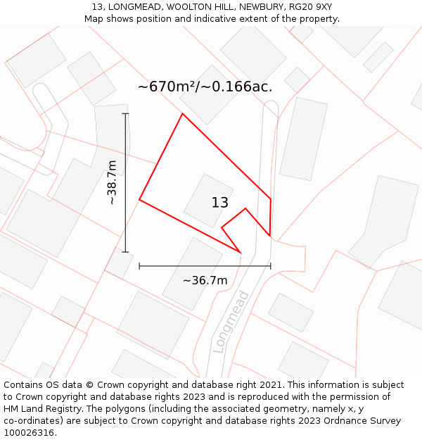 13, LONGMEAD, WOOLTON HILL, NEWBURY, RG20 9XY: Plot and title map