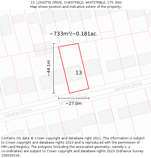 13, LONGTYE DRIVE, CHESTFIELD, WHITSTABLE, CT5 3NG: Plot and title map