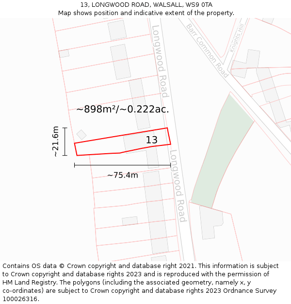 13, LONGWOOD ROAD, WALSALL, WS9 0TA: Plot and title map