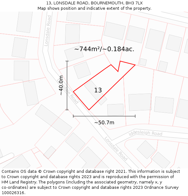 13, LONSDALE ROAD, BOURNEMOUTH, BH3 7LX: Plot and title map