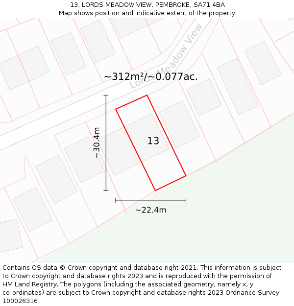 13, LORDS MEADOW VIEW, PEMBROKE, SA71 4BA: Plot and title map