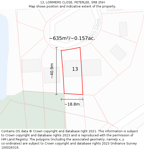 13, LORIMERS CLOSE, PETERLEE, SR8 2NH: Plot and title map