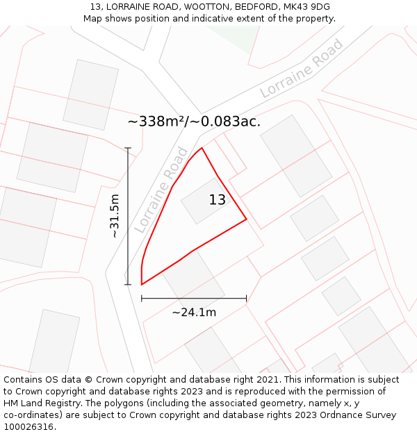 13, LORRAINE ROAD, WOOTTON, BEDFORD, MK43 9DG: Plot and title map