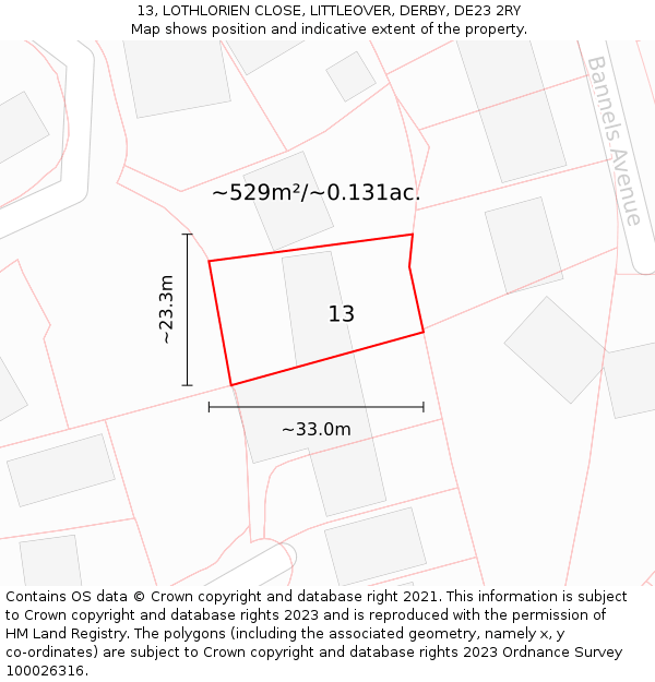 13, LOTHLORIEN CLOSE, LITTLEOVER, DERBY, DE23 2RY: Plot and title map