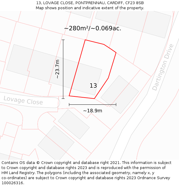 13, LOVAGE CLOSE, PONTPRENNAU, CARDIFF, CF23 8SB: Plot and title map