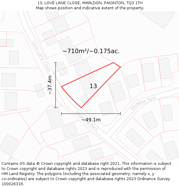 13, LOVE LANE CLOSE, MARLDON, PAIGNTON, TQ3 1TH: Plot and title map