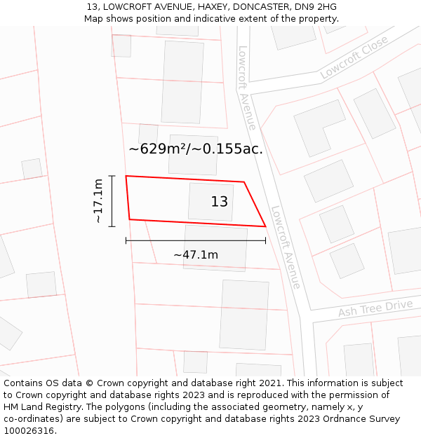 13, LOWCROFT AVENUE, HAXEY, DONCASTER, DN9 2HG: Plot and title map