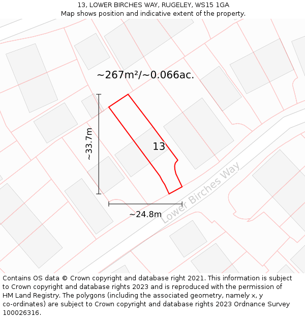 13, LOWER BIRCHES WAY, RUGELEY, WS15 1GA: Plot and title map