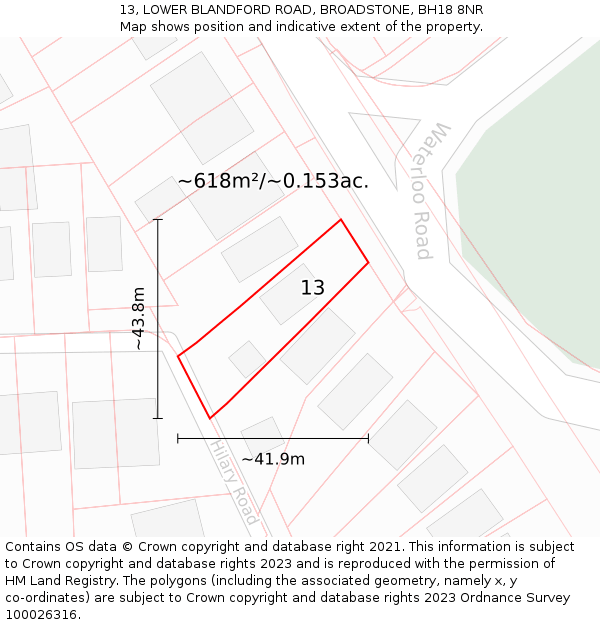 13, LOWER BLANDFORD ROAD, BROADSTONE, BH18 8NR: Plot and title map