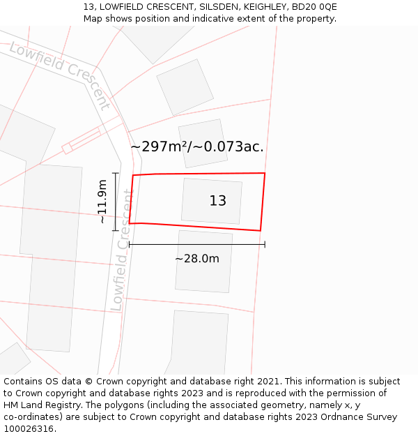 13, LOWFIELD CRESCENT, SILSDEN, KEIGHLEY, BD20 0QE: Plot and title map