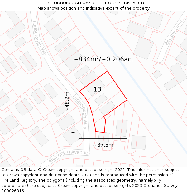 13, LUDBOROUGH WAY, CLEETHORPES, DN35 0TB: Plot and title map