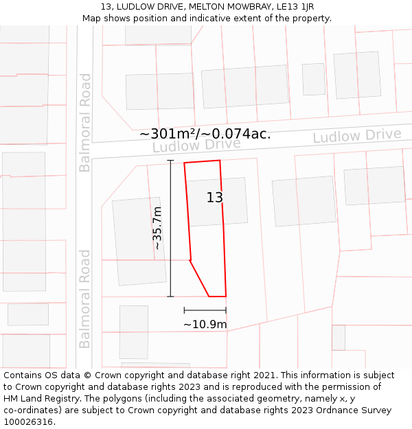 13, LUDLOW DRIVE, MELTON MOWBRAY, LE13 1JR: Plot and title map