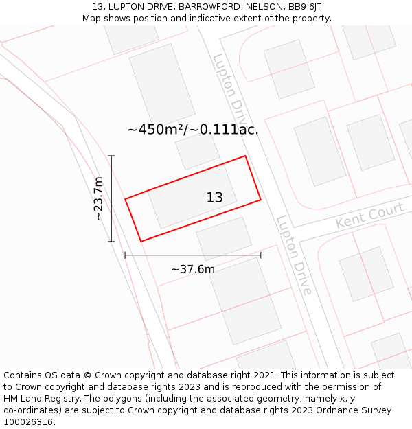 13, LUPTON DRIVE, BARROWFORD, NELSON, BB9 6JT: Plot and title map