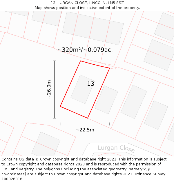 13, LURGAN CLOSE, LINCOLN, LN5 8SZ: Plot and title map