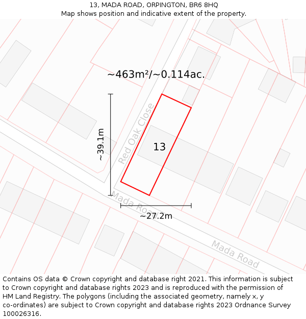 13, MADA ROAD, ORPINGTON, BR6 8HQ: Plot and title map