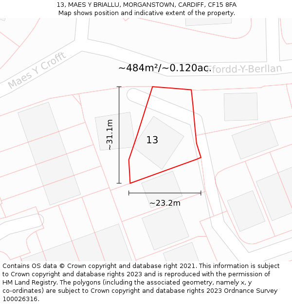 13, MAES Y BRIALLU, MORGANSTOWN, CARDIFF, CF15 8FA: Plot and title map