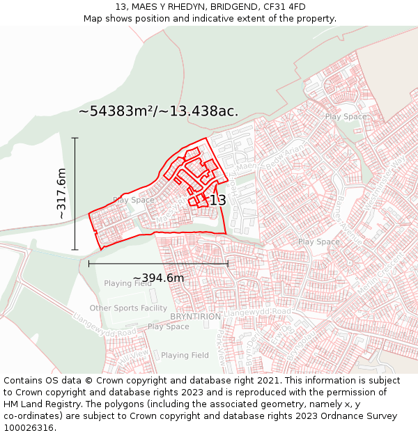 13, MAES Y RHEDYN, BRIDGEND, CF31 4FD: Plot and title map