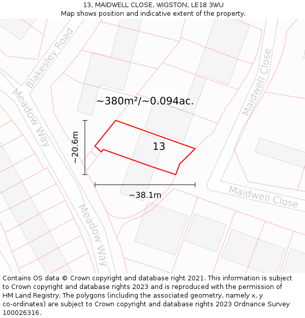 13, MAIDWELL CLOSE, WIGSTON, LE18 3WU: Plot and title map