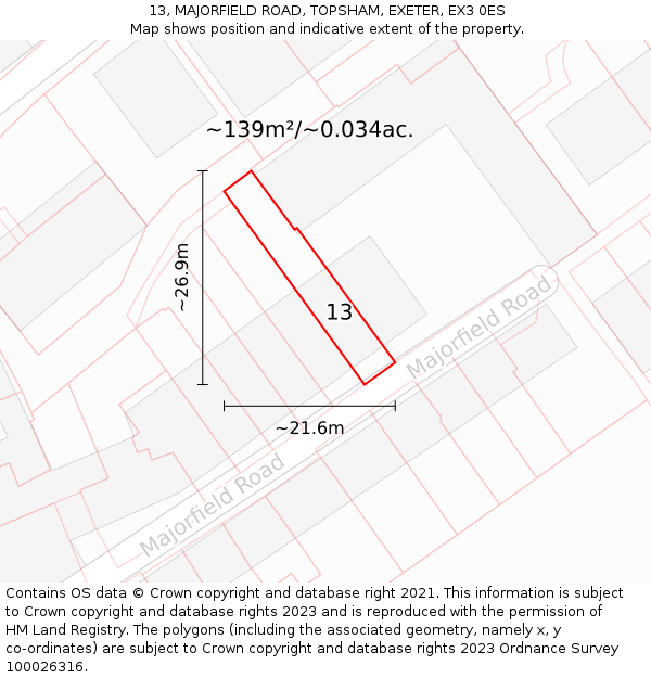 13, MAJORFIELD ROAD, TOPSHAM, EXETER, EX3 0ES: Plot and title map