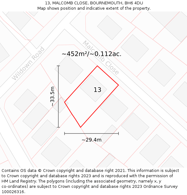 13, MALCOMB CLOSE, BOURNEMOUTH, BH6 4DU: Plot and title map