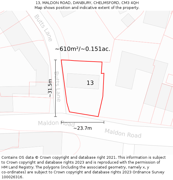 13, MALDON ROAD, DANBURY, CHELMSFORD, CM3 4QH: Plot and title map