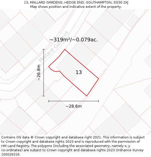 13, MALLARD GARDENS, HEDGE END, SOUTHAMPTON, SO30 2XJ: Plot and title map