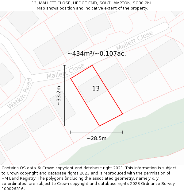 13, MALLETT CLOSE, HEDGE END, SOUTHAMPTON, SO30 2NH: Plot and title map